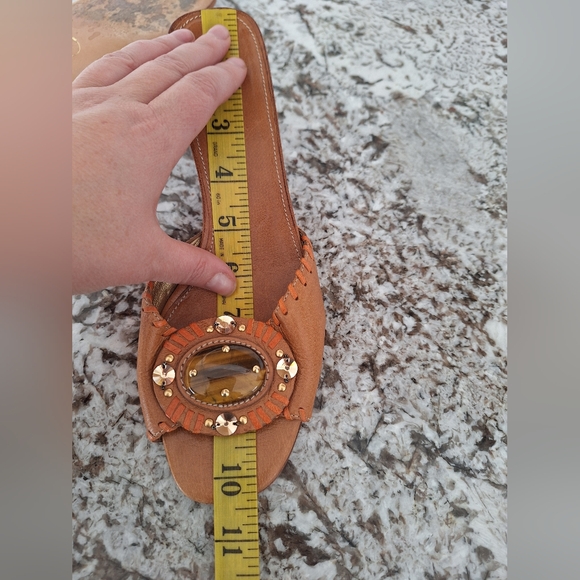 PRADA Brown 40/9.5 Leather Tiger Eye Stone Slide Sandals Kitten Heel Stitching - Picture 10 of 10